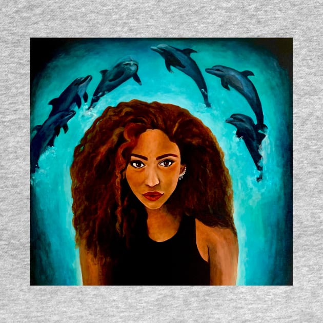 Woman with dolphins swimming by Sorbelloart